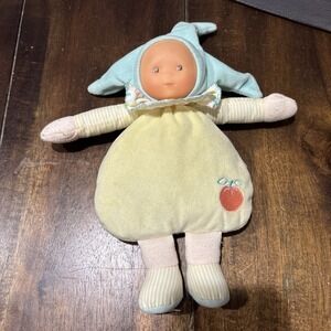 COROLLE Elf Doll Baby Lovey‎ Toy Rattle Yellow Fruit 2015 Blue Jester Hat 10"